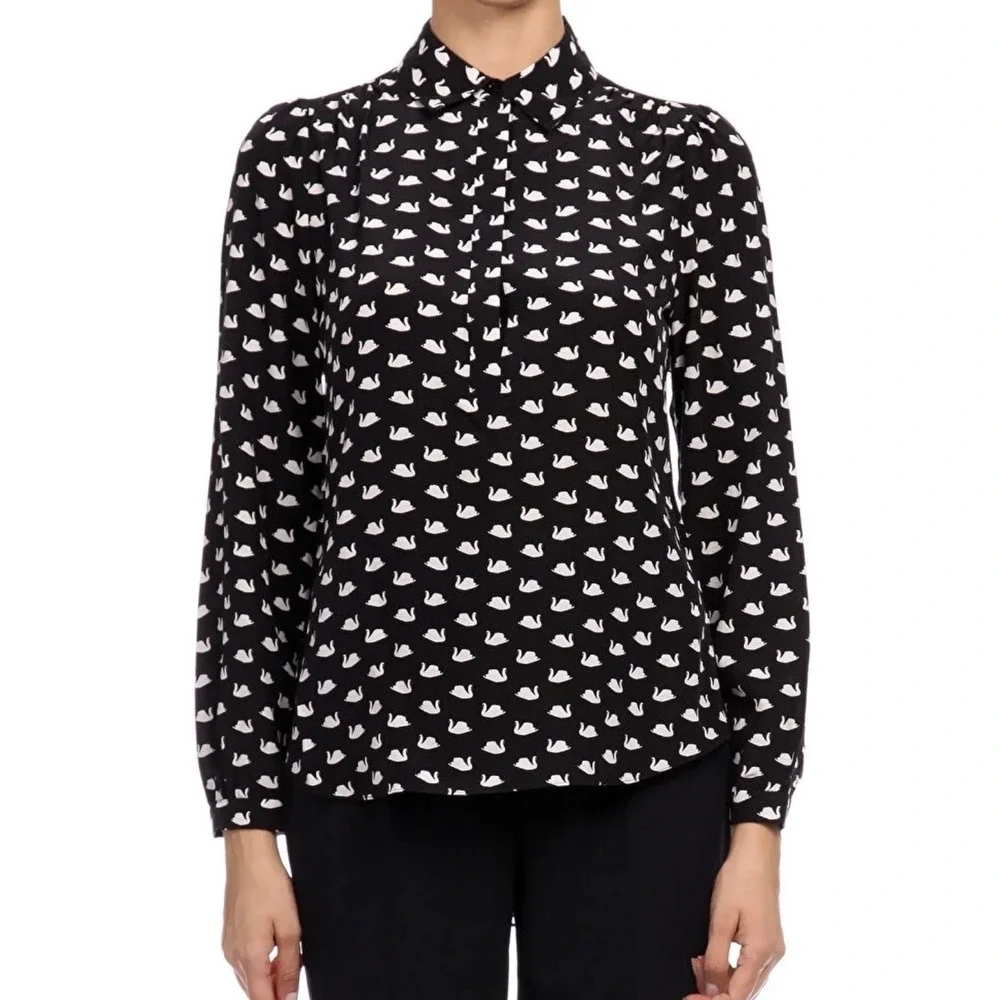 Kate Spade‎ Black Swan Silk Long Sleeve Button Front Tunic Women's Shirt Sz S